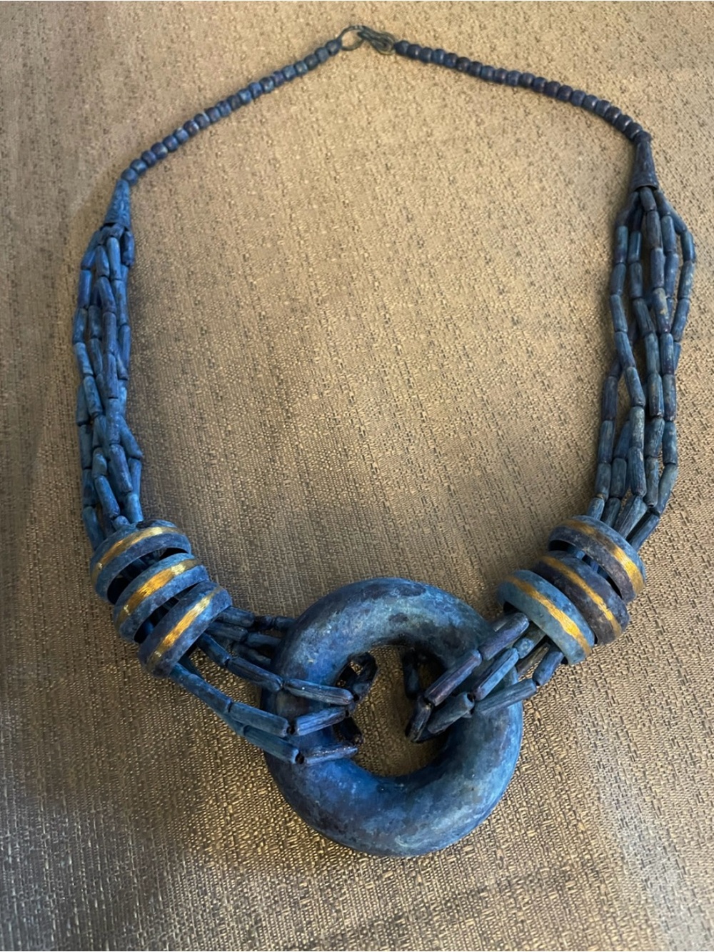 Multi-Strand Hand Painted Vintage Statement Blue Necklace With Donut Pendant